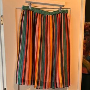 Multicolor Striped Pleated Midi Skirt - Green Waistband